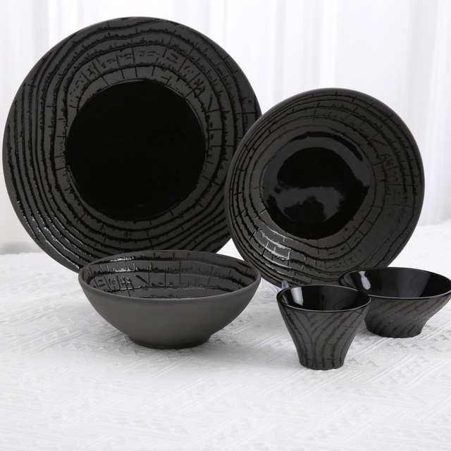 Luxury Hotel Restaurant Tableware Plates and Bowls Set Round Black Annual Ring Glaze Ceramic Porcelain Dinnerware Set