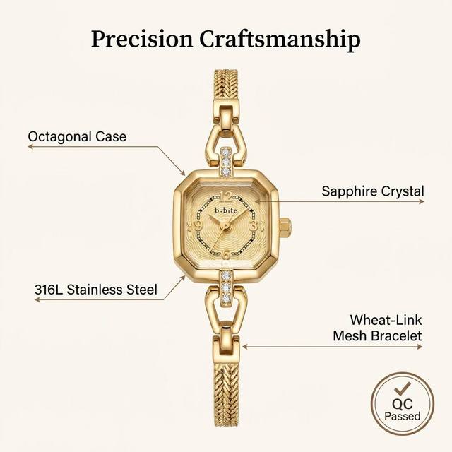 Women's Luxury Handmade Alloy Watch Tonneau Case Crystal Quartz Movement 16mm Band Width Pointer Display 3BAR Water Resistant