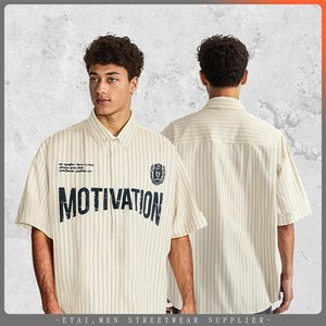 Camicie a righe larghe larghe con bottone a manica corta con orlo curva Casual da uomo - Product Image 1