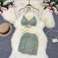 Bas Prix STOCK 4 Couleurs Crochet Femmes Deux Pièces Ensemble Avec Pad Bikini Top Shell Évider Jupe Tenues De Plage