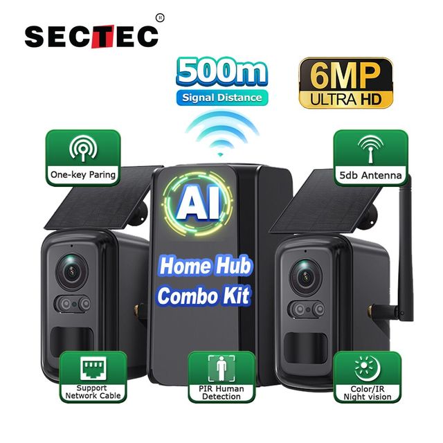 Solar Camera 500M Halow Wifi HD 6MP Outdoor IP Security CCTV Home Hub Combo Kit Solar Battery 2 Way Audio Solar IP Camera Kits
