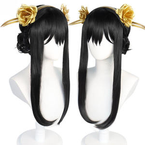 Perruque synthétique de dessin animé, perruque de <span class=keywords><strong>Cosplay</strong></span> longue noire droite résistante à la chaleur, perruques de fête d'halloween Cos - Product Image 2