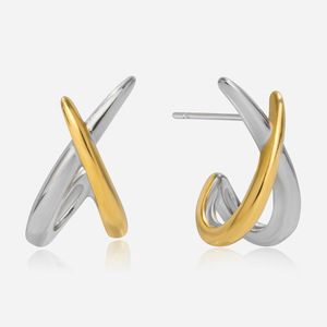 <b>Stud</b> <b>Earrings</b> Geometric Design 18K Gold Silver Color Blocking Crisscross Pattern Stainless Steel - Product Image 1