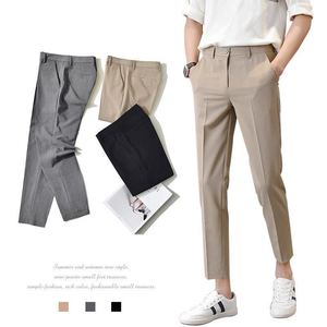 Pantalon court pour homme, coupe slim, jambe droite, style coréen, couleur unie, kaki, noir, micro-élasticité - Product Image 2