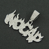 Collier Pendentif Lettre THUG Flamme Iced Out avec Strass, Chaîne Maille Cubaine Entièrement Sertie de Strass, Bijoux de Mode Hip Hop Rapper Streetwear pour Hommes