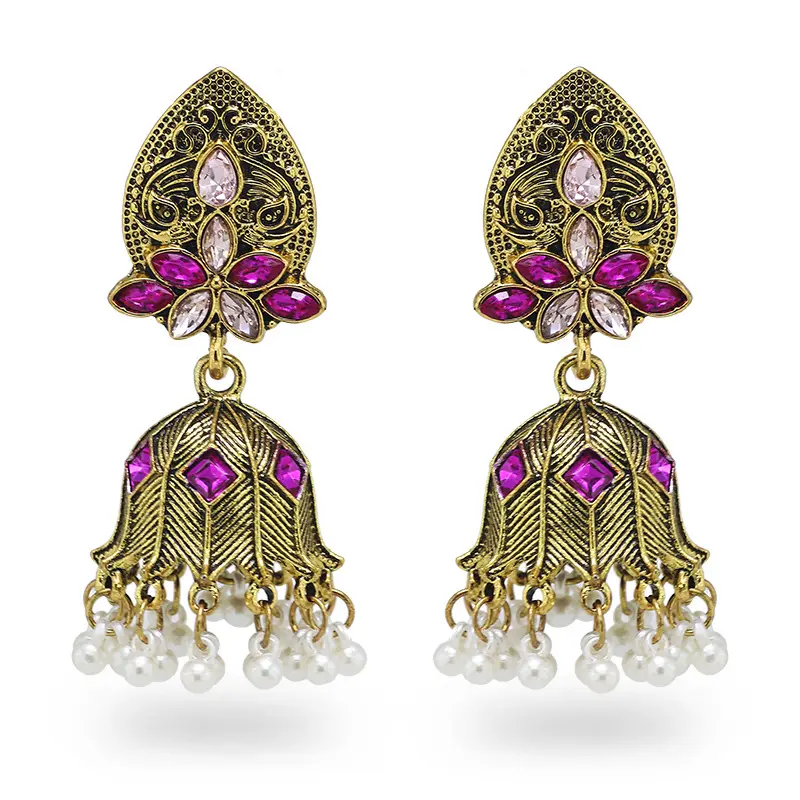 Brincos indianos Jhumka Jhumki tradicionais banhados a ouro e prata para mulheres e meninas com borla e sino