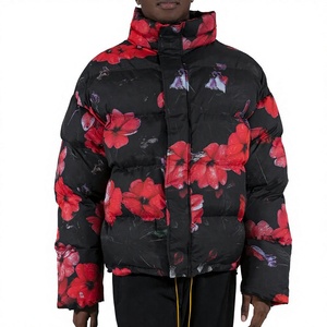 Chaqueta Acolchada con Estampado Floral Negro para Hombre, Cuello Alto, Cierre de Cremallera, Resistente al Viento, Abrigo Grueso de Invierno, Estilo Casual - Product Image 1