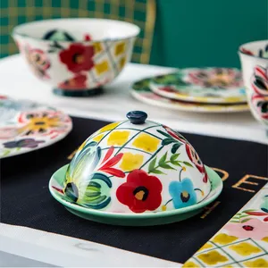 European Style Tableware Handpainted Porcelain Butter Box Custom Ceramic Butter Dish With Cover