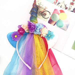 Bandeau en tissu <span class=keywords><strong>licorne</strong></span> Ychon avec crinière en tulle et fleurs, motif arc-en-ciel pour adultes et filles, décorations pour fêtes - Product Image 3