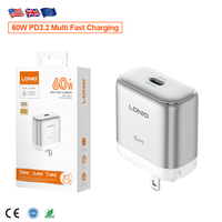 Cargador de Teléfono Móvil LDNIO Q20 con USB-C de 60W, Carga Rápida, Mini Cargador de Pared Portátil PD3.2, Enchufes EU/UK/US 3 en 1 Opcionales