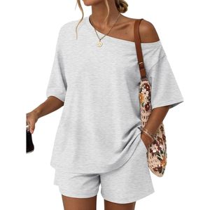 Conjunto de Shorts de Verano de 2 Piezas para Mujer, Hombros Descubiertos, Asimétrico, Transpirable, de Algodón y Elastano, para Vacaciones en la Playa - Product Image 1