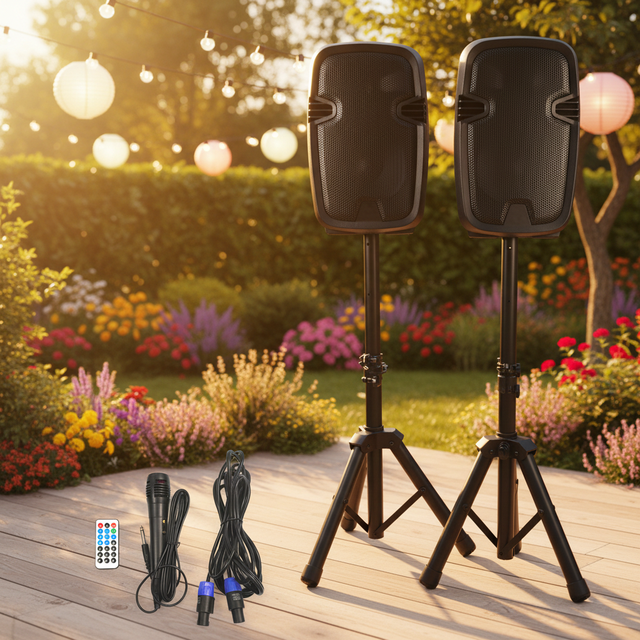 Combo Set 12 Inch Portable Powered PA System Karaoke Speaker Party Sound Box-BT/USB/FM/Remote/stand