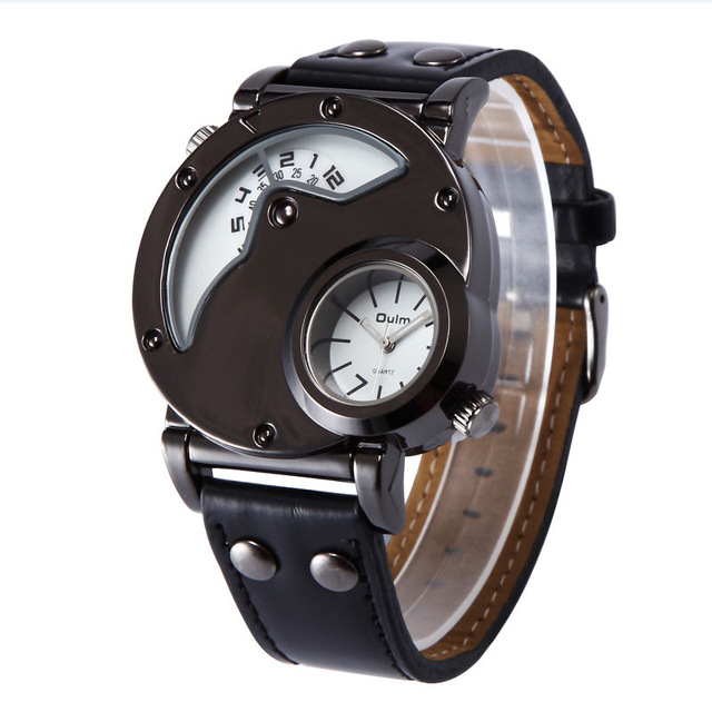 OULM Brand Fashion Dual Time Zone Casual Leather Sport Watch Stylish Big Dial Men's Wrist Watches Punk Cool Wristwatch for Men
