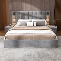 Großhandel Hochwertiges King-Size-Plattformbett Graues Samt-Polsterbett mit LED-Kopfteil für Hotel- und Heimgebrauch