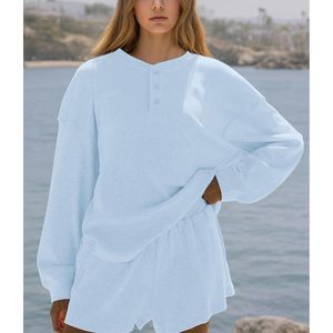 Womens Waffle Knit <b>Lounge</b> Set 2 Piece Oversized Long Sleeve Sweatshirt High Waisted Shorts Autumn Casual Matching Outfit - Product Image 2