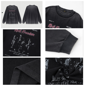 Camiseta Masculina Retro Preta Estilosa com Gola Redonda, Estampa Digital Desgastada, Estilo Heavy Metal Rock Band, Lavagem Ácida, Manga Longa para Homens - Product Image 3