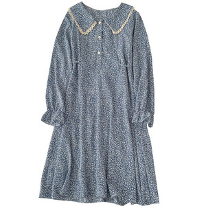 Vestido Midi de Manga Larga con Estampado Floral, Azul, Talla Única, Cintura Alta, Elegante, Casual, para el Trabajo - Product Image 5