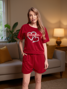 Completo da donna Nostalgia in raso a 2 pezzi, pantaloncini e maglia a maniche corte girocollo, vestibilità ampia, traspirante, per primavera estate, casual, rosso - Product Image 2