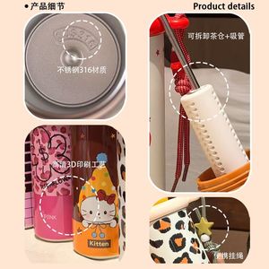 Botella de agua aislada Richflower de 500 ml, termo de doble pared con tapa de pajita y correa de transporte para mujeres, uso en exteriores. - Product Image 3