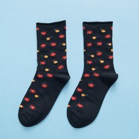 Vente en gros de chaussettes d'automne en coton absorbant la sueur sans odeur bord bouclé fleurs mignonnes chaussettes d'équipage pour femmes