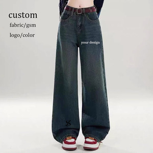Jean large en denim bleu à carreaux patchwork taille haute coupe droite 100 % coton pour femme, collection 2026 - Product Image 1