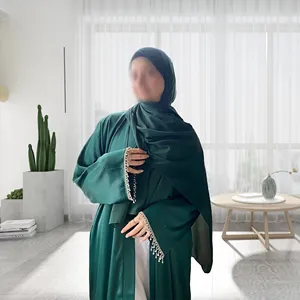 Yibaoli Fabricante último árabe 5 colores nuevos diseños de abaya 2023 frente de satén abierto con cuentas abaya sin vestido interior