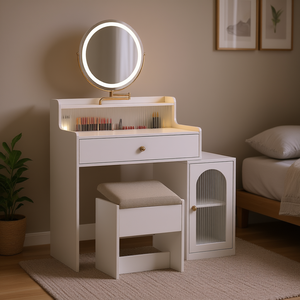 Tocador de maquillaje blanco con espejo redondo y luces, mesa de tocador moderna con gabinete lateral y silla para dormitorio - Product Image 2