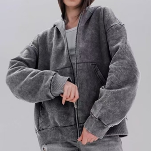 Sudadera con capucha vintage de forro polar extragrande y corta con cremallera para mujer, tallas grandes, de algodón con lavado ácido - Product Image 5
