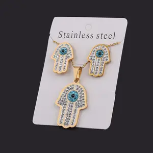 Stainless Steel Hamsa Hand Pave Set Diamond Pendant Blue Eye charms Crystal CZ Pendant Charm Jewelry Necklace Earing Set Women