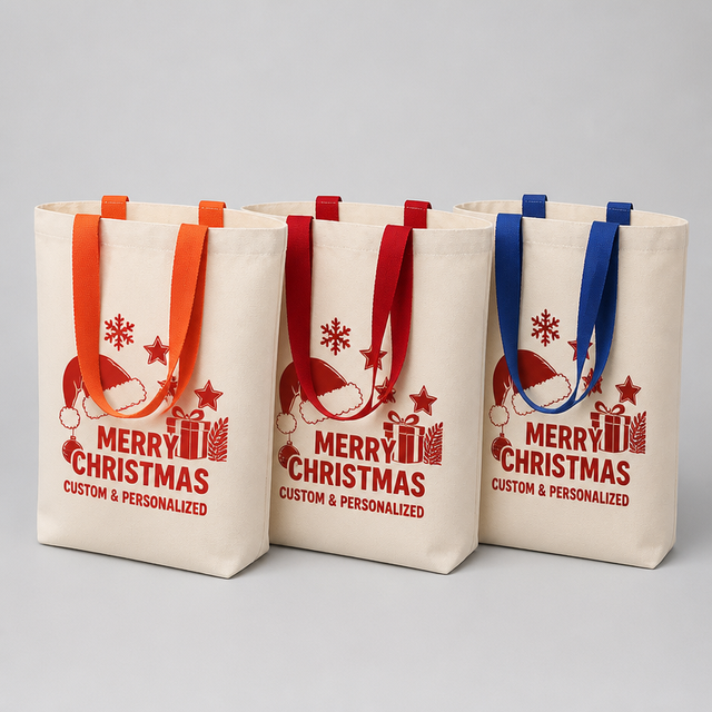 Merry Christmas Canvas Tote Bags Personalized Custom Logo Holiday Shopping Gift Retail Wholesale