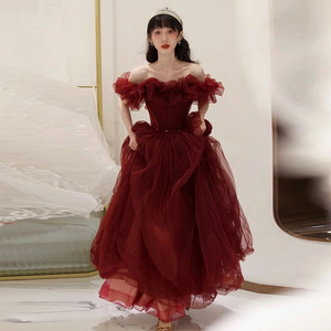 S0477R New One-shoulder Red Temperament Light Luxury Celebrity Banquet Sling Slim Fishtail Annual Meeting Host Wedding Dress - Product Image 1