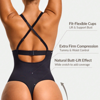 Ladymate ODM/OEM Body sculptant femme à décolleté plongeant en V, dos nu, string, effet ventre plat, grandes tailles