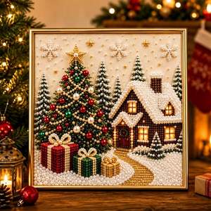 Kit d'art de peinture diamantée de Noël en acrylique DIY pour adultes, décoration murale de maison de vacances, thème Père Noël, cheminée et arbre - Product Image 2