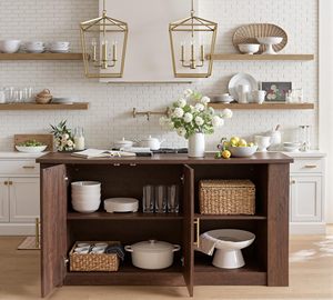 SENYU Mid Century <b>Modern</b> Wooden Kitchen Island with Arched Doors and Open <b>Shelving</b> Storage Cabinet - Product Image 6