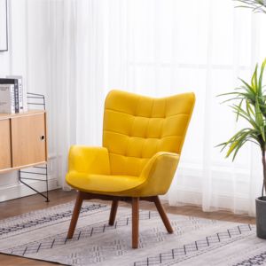DB Leiria Contemporary Silky Velvet Tufted <b>Accent</b> <b>Chair</b> with Genuine Leather Ottoman <b>Yellow</b> for Home Office - Product Image 2