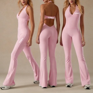 YNSEA Mono de <span class=keywords><strong>yoga</strong></span> de una pieza con cuello halter y encaje, espalda descubierta, para gimnasio y entrenamiento, con leggings acampanados para mujer - Product Image 1