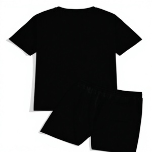 Men's Black Cotton T-Shirt <b>Set</b> With Shorts Los Angeles California Print Casual Summer Breathable <b>Knitted</b> Crew Neck - Product Image 2