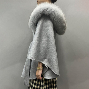 Jancoco gerçek yün panço kadınlar için yumuşak bayan şal kapşonlu yün pelerin gerçek tilki kürk Trim ile - Product Image 2