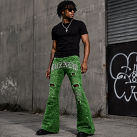 DiZNEW Jeans Flare Homme Streetwear Vert Camouflage Personnalisé avec Broderie 3D Intense et Clous, Pantalon en Denim Ample Déchiré Style Y2K Grunge