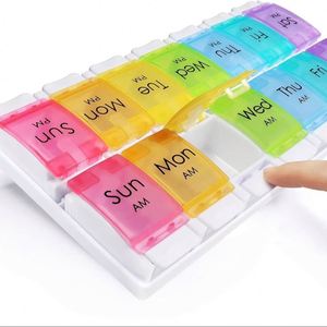MOLN <span class=keywords><strong>HYMY</strong></span> Organizador de Pastillas Grande, 2 Tomas Diarias (AM/PM), Caja de Pastillas con 7 Días y 14 Compartimentos, Dispensador de Medicamentos con Botón de Fácil Presión - Product Image 1