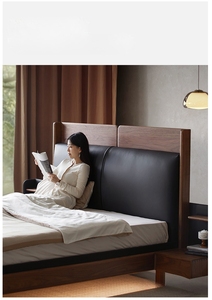 Cama Doble Tapizada con Suspensión, <span class=keywords><strong>de</strong></span> Madera Sólida <span class=keywords><strong>de</strong></span> Nogal Negro Norteamericano, Estilo Italiano Minimalista, con Cuero Genuino, para Recámara Principal Moderna - Product Image 5