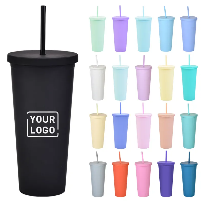 Groothandel Bulk Custom Logo Herbruikbaar 16Oz 22Oz 24 Oz Matte Plastic Waterfles Boba Koffie Koude Kop Tumbler Met Stro En Deksel