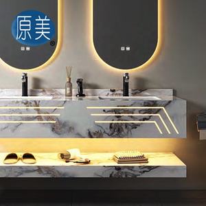 Lavabo de salle de bain mural éclairage LED marbre sur mesure motif sculpté Double couche sans couture double évier armoire pour hôtel - Product Image 5