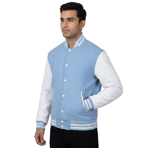 Veste d'hiver pour homme sur mesure en laine bleu ciel avec manches en cuir blanc, col montant, broderies, patchs et étiquettes - Product Image 1
