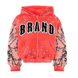 BRAND <b>Pink</b> Solid Zip-Up Hoodie Rhinestone Embellished Regular Fit Y2K Style Unisex Fleece <b>Sweatshirt</b> 100% Cotton Breathable - Product Image 2