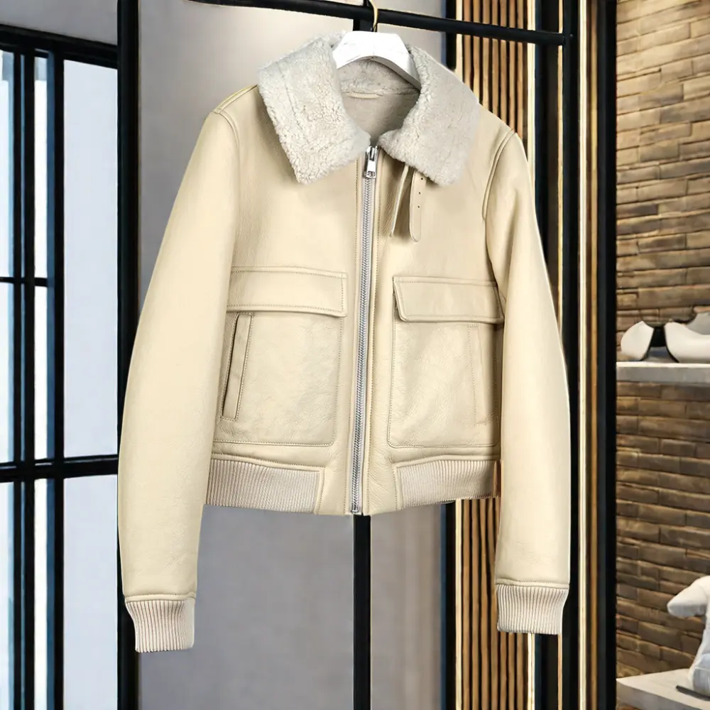 Mantel kulit asli lengan panjang hangat baru musim dingin 2024 jaket kasual wanita pakaian luar kerah desain pola Solid penutup ritsleting bulu