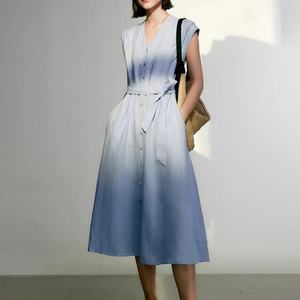 Vestido de Lino para Mujer, Cuello Redondo, Sin Mangas, Casual, Sólido, Fruncido, Natural, Ajustado, Midi, Formal, en Oferta - Product Image 1