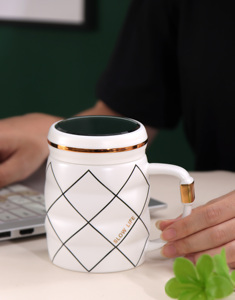 Wholesale 13 oz Milk <b>Ceramic</b> <b>Cup</b> Geometric Design Latte Mug Retro Coffee <b>Cup</b> With Lid - Product Image 4