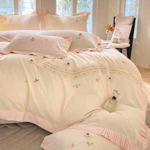 Juego de Ropa de Cama de Cuatro Piezas de Algodón Cepillado 100% Clase A para Otoño/Invierno, Bordado con Plantas y Flores, para Uso Doméstico - Product Image 3