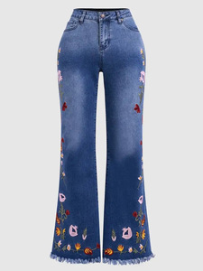 Jeans évasés taille haute pour femmes, pantalon en denim très extensible avec broderie florale colorée - Product Image 5
